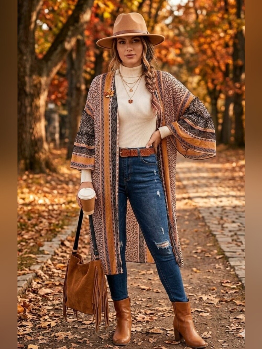 Mixed Print Kimono Cardigan Chiffon Leopard Boho Tiered Bell Sleeve L/XL